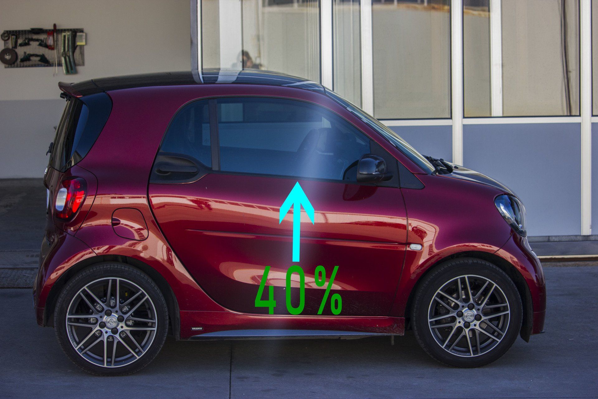 Oscuramento vetri auto pellicole oscuranti tonalità scuro, 35, HP35, FPER35, ASWF, AMERICAN STANDARD WINDOW FILMS, SUNTEK, LLUMAR, 3M, GLOBAL, WINDOW TINT, SMART 453 COUPE.