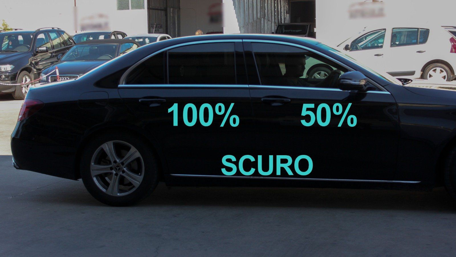 Gradazione  tonalità oscuramento vetri auto con pellicole oscuranti al 100% scuro  Mercedes Classe E del 2019
