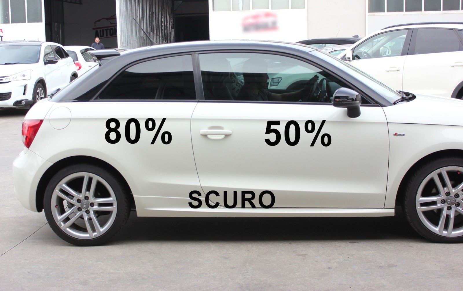 Audi A1 a tre porte oscuramento vetri auto con tonalità gradazione 50% e 80%