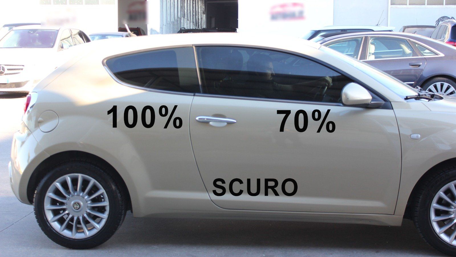 Alfa Romeo Mito oscuramento vetri auto con tonalità gradazione 100% e 70%