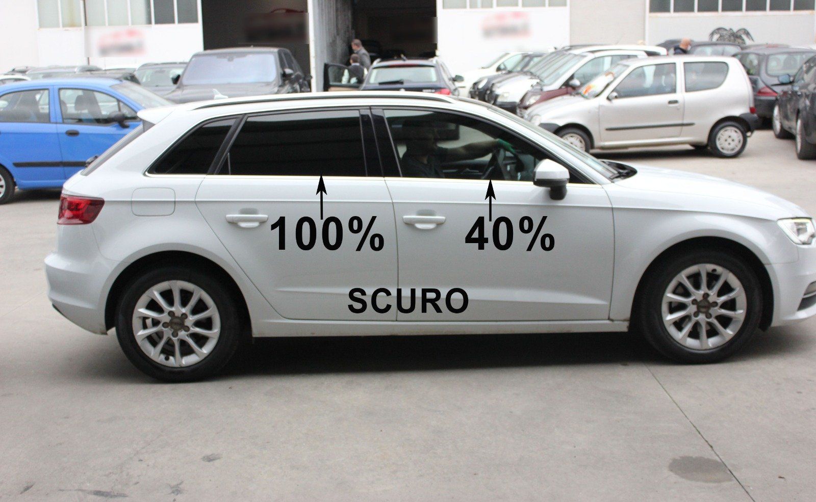 Nuova Audi A3  oscuramento vetri parte posteriore 100% di scuro, vetri anteriori 40 % di scuro