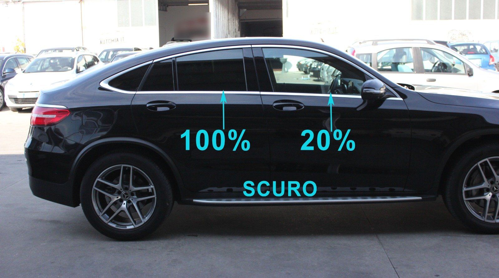 Mercedes GLE Coupe  oscuramento vetri parte posteriore 100% di scuro, vetri anteriori 20 % di scuro