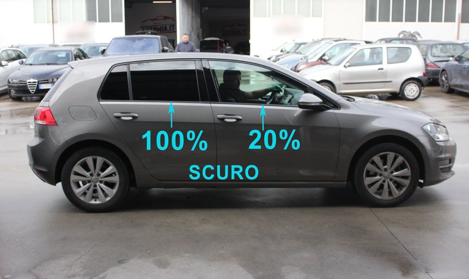 VW Golf 7 oscuramento vetri parte posteriore 100% di scuro, vetri anteriori 20% di scuro