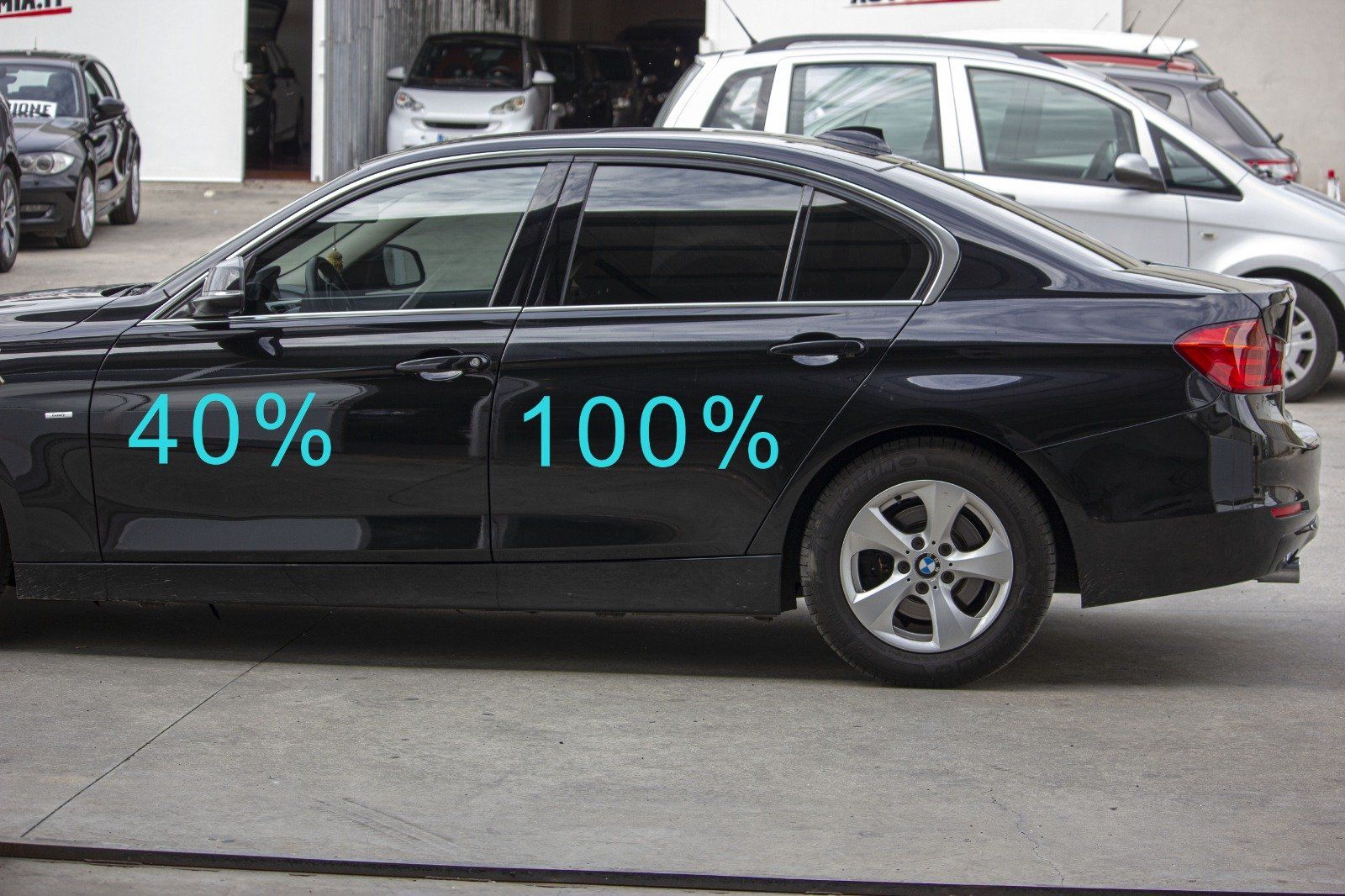 Gradazione  tonalità oscuramento vetri auto con pellicole oscuranti al 100% scuro  BMW Serie 3 Berlina 4 porte del 2019