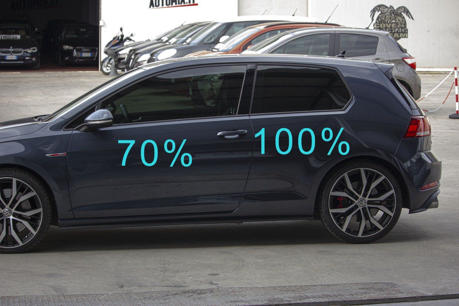 Gradazione  tonalità oscuramento vetri auto con pellicole oscuranti al 100% scuro  Gradazione  tonalità oscuramento vetri auto con pellicole oscuranti al 100% scuro  VW Golf 7