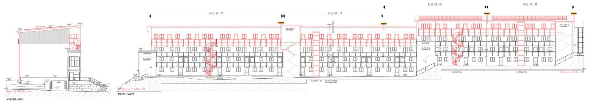 CAD Zeichnung des Entwurfs der Mehrfamilienhäuser mit aufgestocktem Geschoss