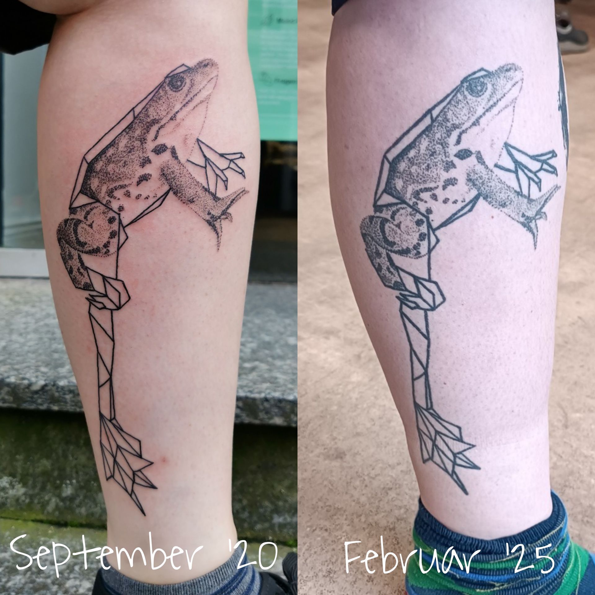 Abgeheiltes Tattoo von einem Dotwork Origami Frosch