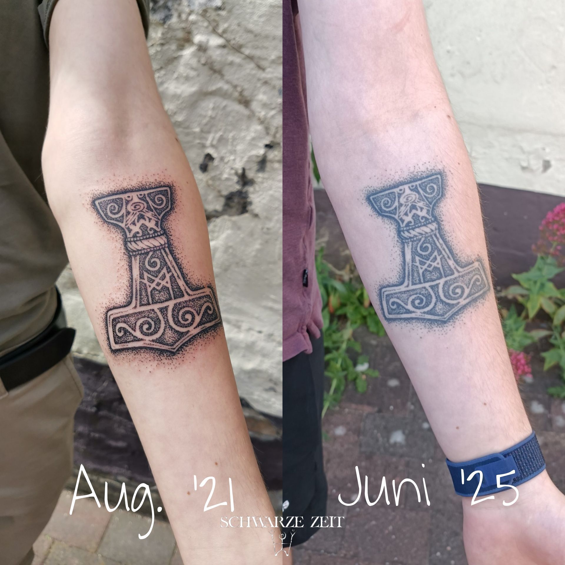 Abgeheiltes Mjölnir Tattoo am Unterarm