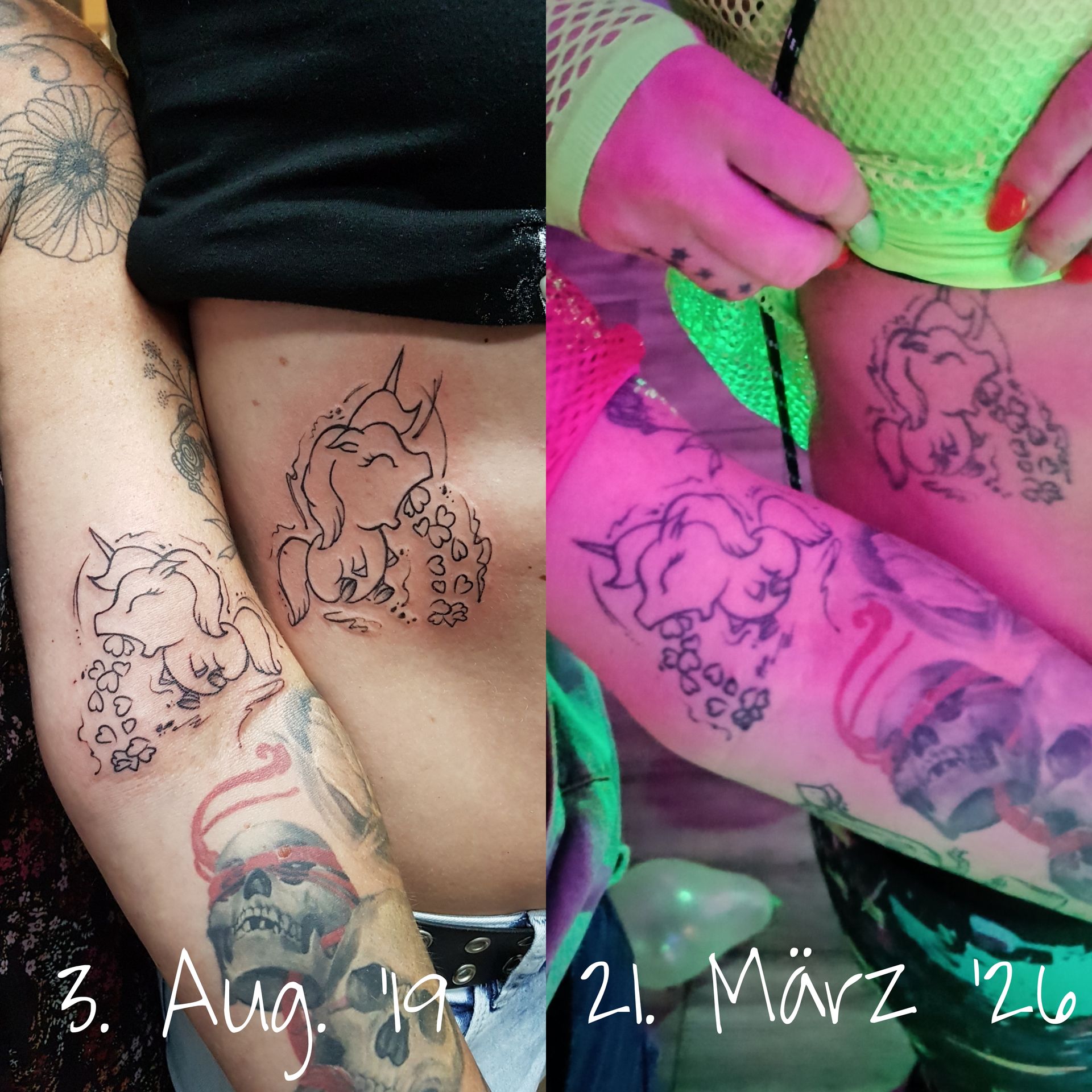 Abgeheiltes Tattoo zweier kotzenden Einhörner