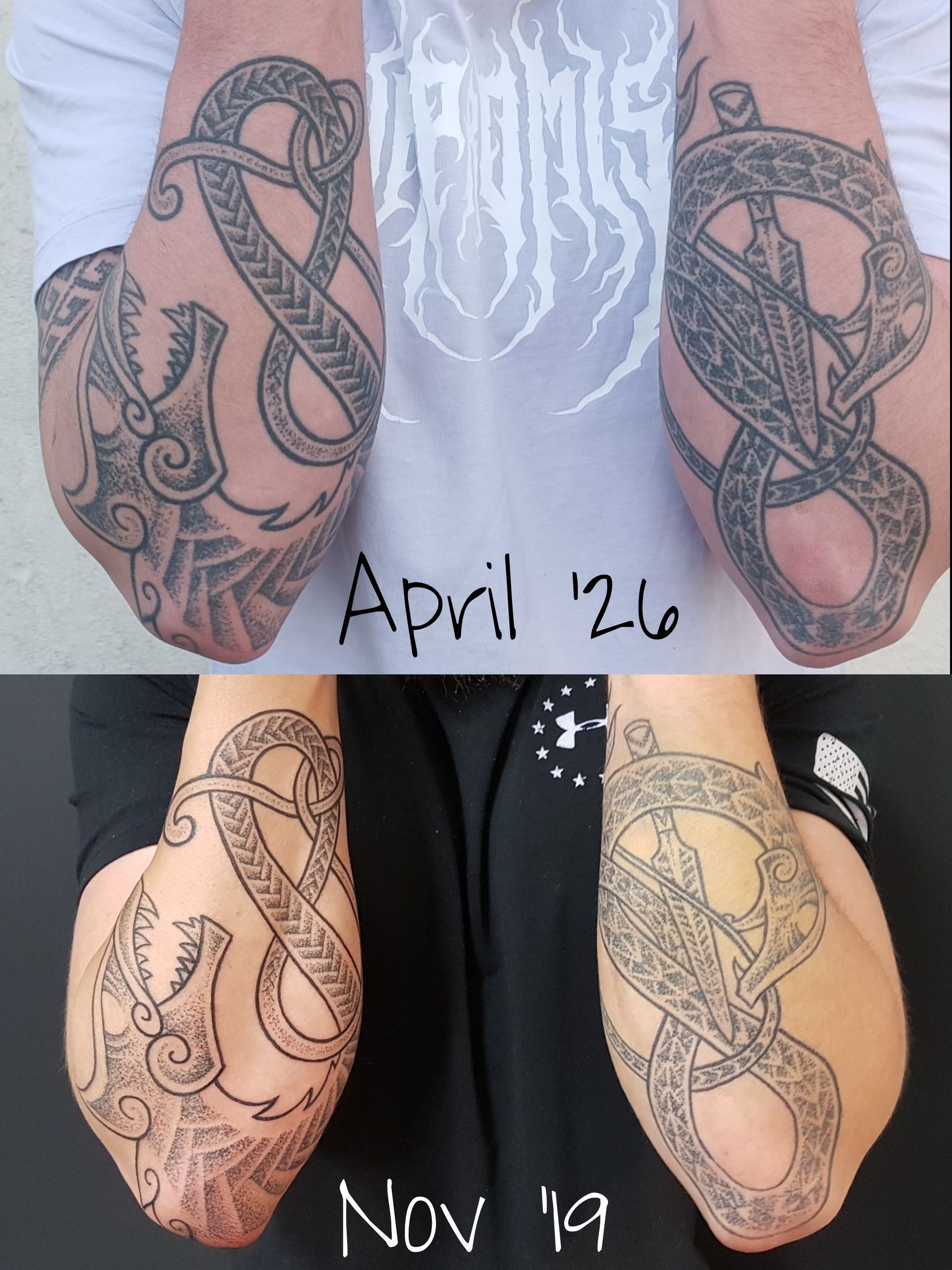 Viking Tattoo abgeheilt. Mit Handpoke und Maschine gestochen. Viking Wolf und Viking Drache als Motiv mit Gungnir.