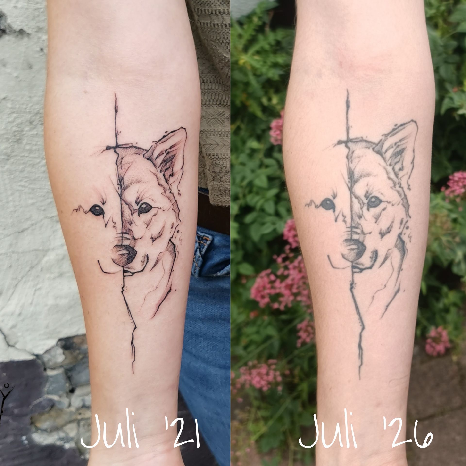 Ein Hundeportrait im Sketchy Stil . Das abgeheilte Tattoo im Vergleich zum frisch gestochenen Tattoo. 5 Jahre altes Tattoo