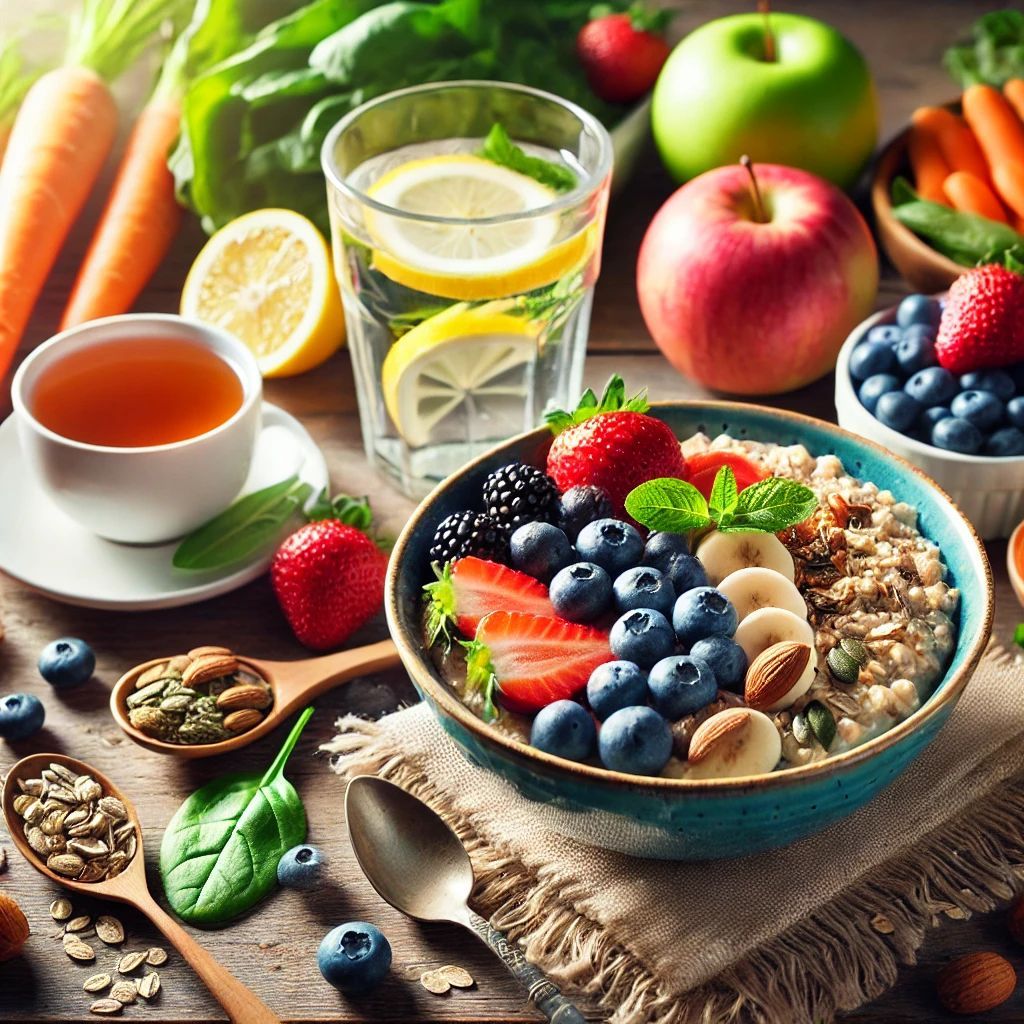 Healthy breakfast with oatmeal, fresh fruits, nuts, and lemon water – balanced nutrition for energy