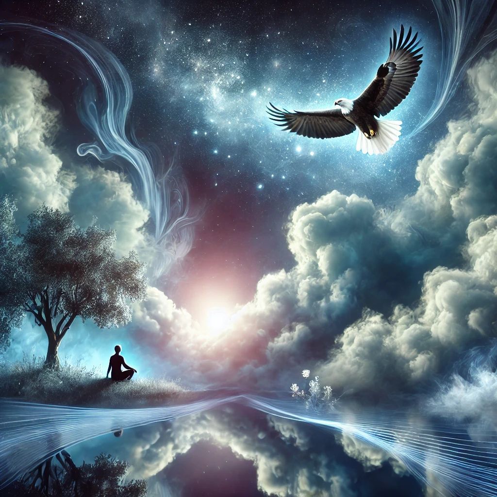 A dreamlike, surreal scene depicting a serene night sky with glowing clouds, flowing water represent