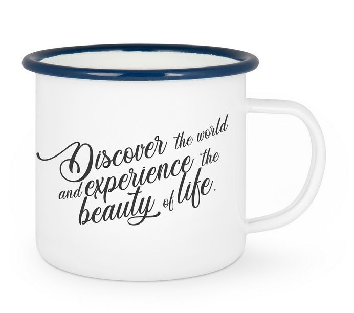 Tasse mit spirituellem Zitat und Design von Tanja Begerack. Tasse mit Yin und Yang, der Blume des Lebens und dem Zitat 'Discover the world and experience the beauty of life' von Tanja Begerack.