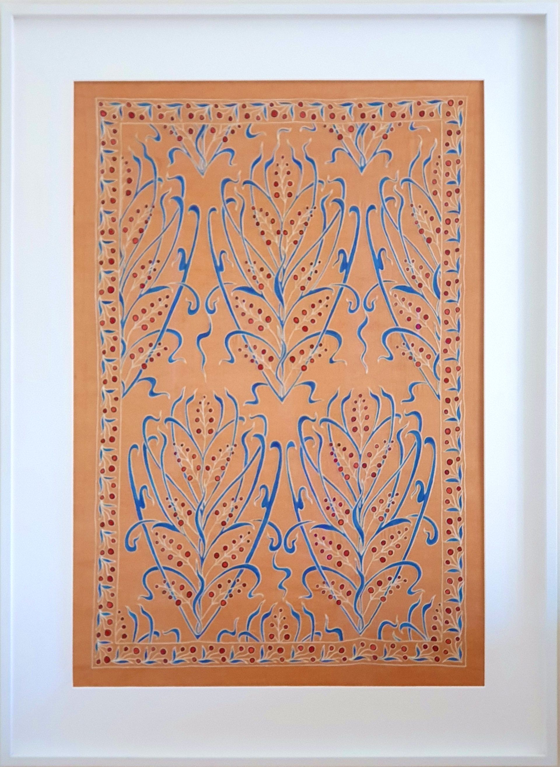 Suzani Art, Suzani Artwork, Suzani Embroidery, Grapevines Suzani, Vines, Suzani, Determination, Orange,  Orange Suzani, This silk vine and leaves Suzani was designed and hand embroidered on a naturally dyed silk fabric by an artist family in the region of Tashkent in Uzbekistan with the traditional technique of chain stitch, done with an instrument called a tambour, a hooked needle.     The silk threads are naturally dyed in a gradient of colours. Such dyeing method is seldom and unique. When embroidering a Suzani with such threads, the effect of a smooth colour transition is created.    Grapevines are a symbol of determination, endurance, survival and progress.