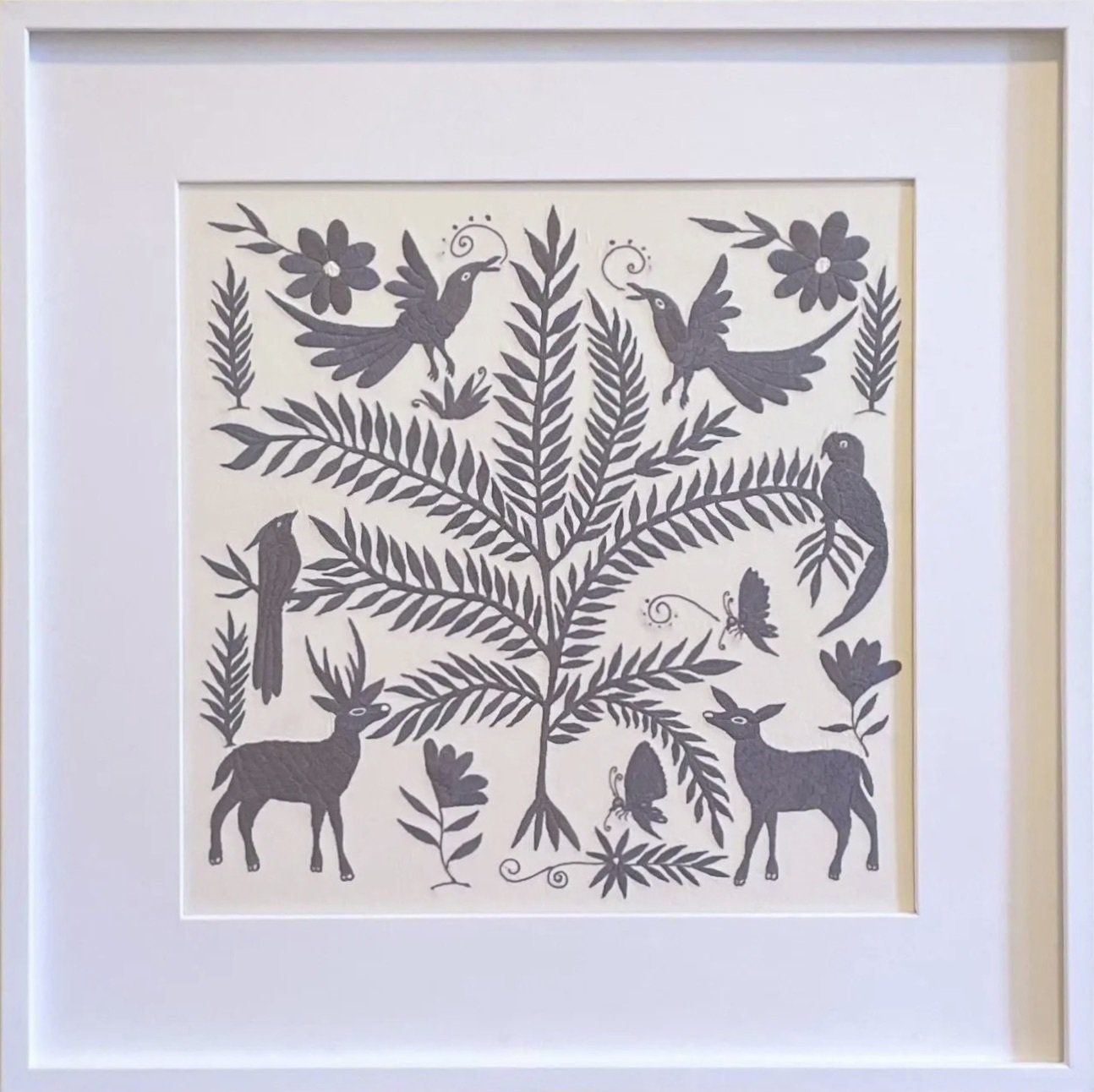 Otomi Art, Otomi Artwork, Otomi Embroidery, Otomi,  Otomi Light Gray, This Otomi was designed by an artist and fully hand embroidered by an embroider, descendant of the Otomi, in the region of Tenango de Doria, Mexico, with their traditional and famous
