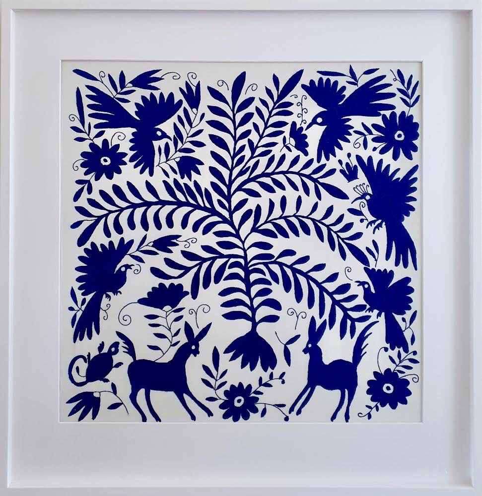 Otomi Art, Otomi Artwork, Otomi Embroidery, Otomi, Otomi Blue, This Otomi was designed by an artist and fully hand embroidered by an embroider, descendant of the Otomi, in the region of Tenango de Doria, Mexico, with their traditional and famous