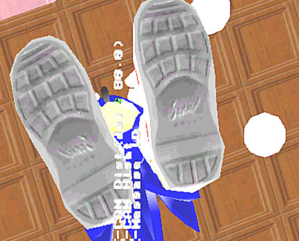 A figure shown from a ground perspective, showing the bottom of their shoes, which have the word