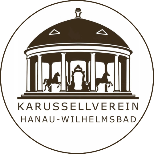 Logo der Fördervereins für das Karussell im Staatspark Hanau-Wilhelmsbad e.V., rund mit schwarzer Zeichnung des Karussells