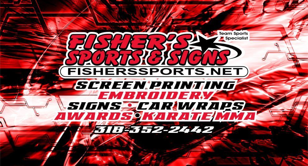 Fishers Sports banner we screen printing, embroidery, signs, car wraps, awards, kenpo karate mma classes