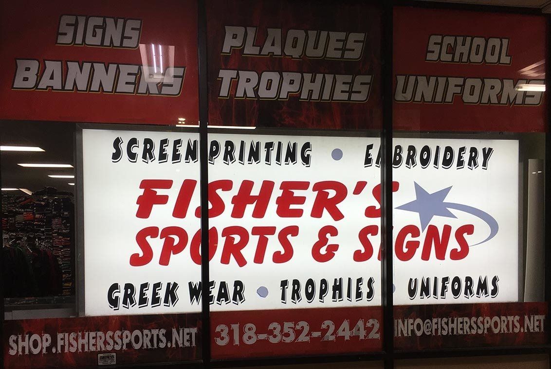 Fishers Sports and Signs in Natchitoches Louisiana 71457, services in screen printing, signs, banners, embroidery, laser engraving, team uniforms, car wraps, karate classes