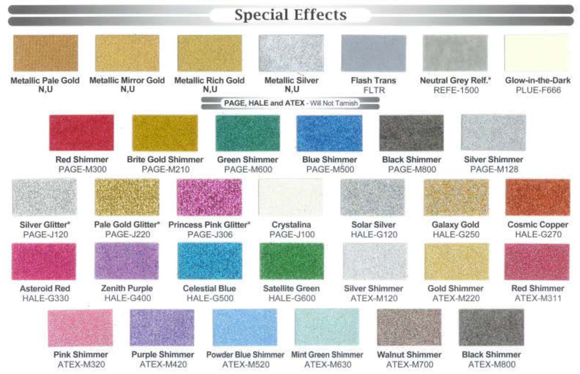 SCREEN PRINT SPECIAL EFFECTS AND GLITTER INK COLOR CHART
