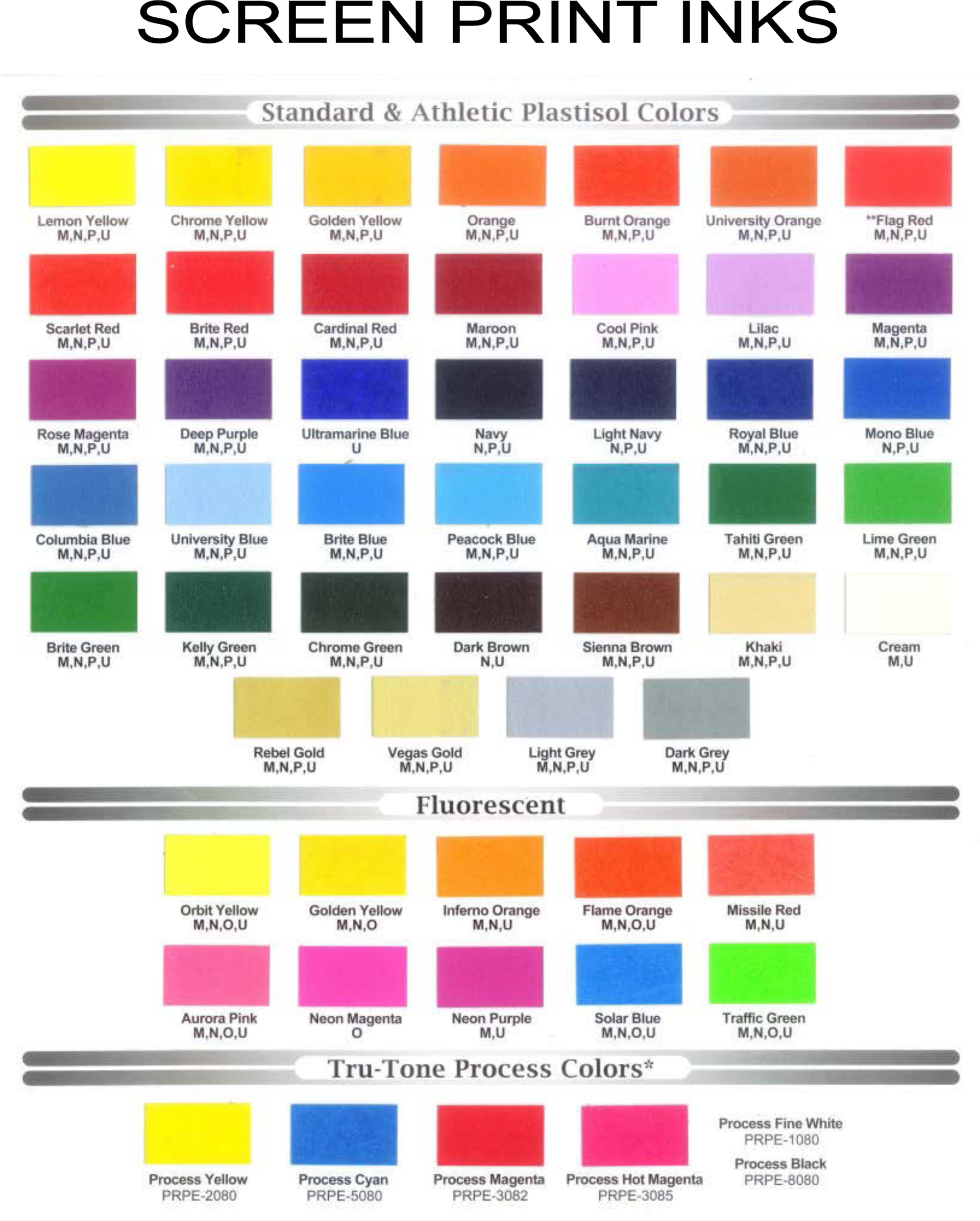 SCREEN PRINT STANDARD INK COLOR CHART