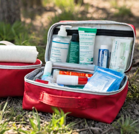 Eine rote Reiseapotheke, gefüllt mit verschiedenen Medikamenten, Pflastern, Desinfektionsmittel und Naturheilmitteln, steht auf einer Wiese. Im Hintergrund sind Bäume und ein natürlicher Untergrund sichtbar, die eine Verbindung zur Natur und verantwortungsvollem Reisen herstellen.
A red first-aid kit filled with various medicines, plasters, disinfectants and natural remedies stands in a meadow. Trees and a natural background are visible in the background, creating a connection to nature and responsible travelling.
Von GEOlaViva erstellt mit KI - Created by GEOlaViva with AI