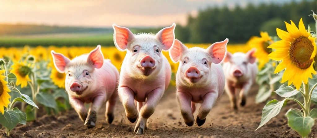 Happy Veganuary kleine , lächelnde Schweinchen laufe auf einem Weg imSonnenblumenfeld