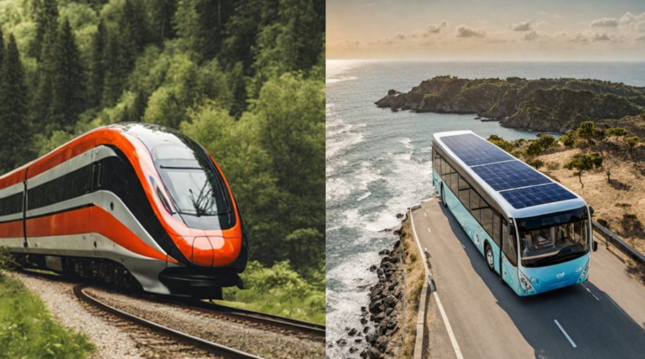 Von GEOlaViva erstellt mit KI - Created by GEOlaViva with AI Links ein moderner roter Zug, der durch eine grüne Waldlandschaft fährt, rechts ein blauer Bus mit Solarpanels auf dem Dach, der entlang einer Küstenstraße mit Meerblick fährt. Beide Transportmittel stehen für nachhaltige Mobilitätslösungen.
On the left, a modern red train traveling through a green forest landscape; on the right, a blue bus with solar panels on the roof traveling along a coastal road with a sea view. Both means of transportation represent sustainable mobility solutions.
Von GEOlaViva erstellt mit KI - Created by GEOlaViva with AI
