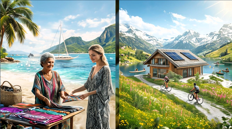Zwei Szenen: Links eine Touristin, die an einem Strand bei einer einheimischen Frau bunte Tücher kauft, im Hintergrund Segelboot und Palmen. Rechts ein nachhaltiges Holzhaus mit Solarpaneelen, umgeben von Alpenlandschaft mit Radfahrern und einem See.
Two scenes: On the left, a tourist buying colourful scarves from a local woman on a beach, with a sailing boat and palm trees in the background. On the right, a sustainable wooden house with solar panels, surrounded by an Alpine landscape with cyclists and a lake.
Von GEOlaViva erstellt mit KI - Created by GEOlaViva with AI