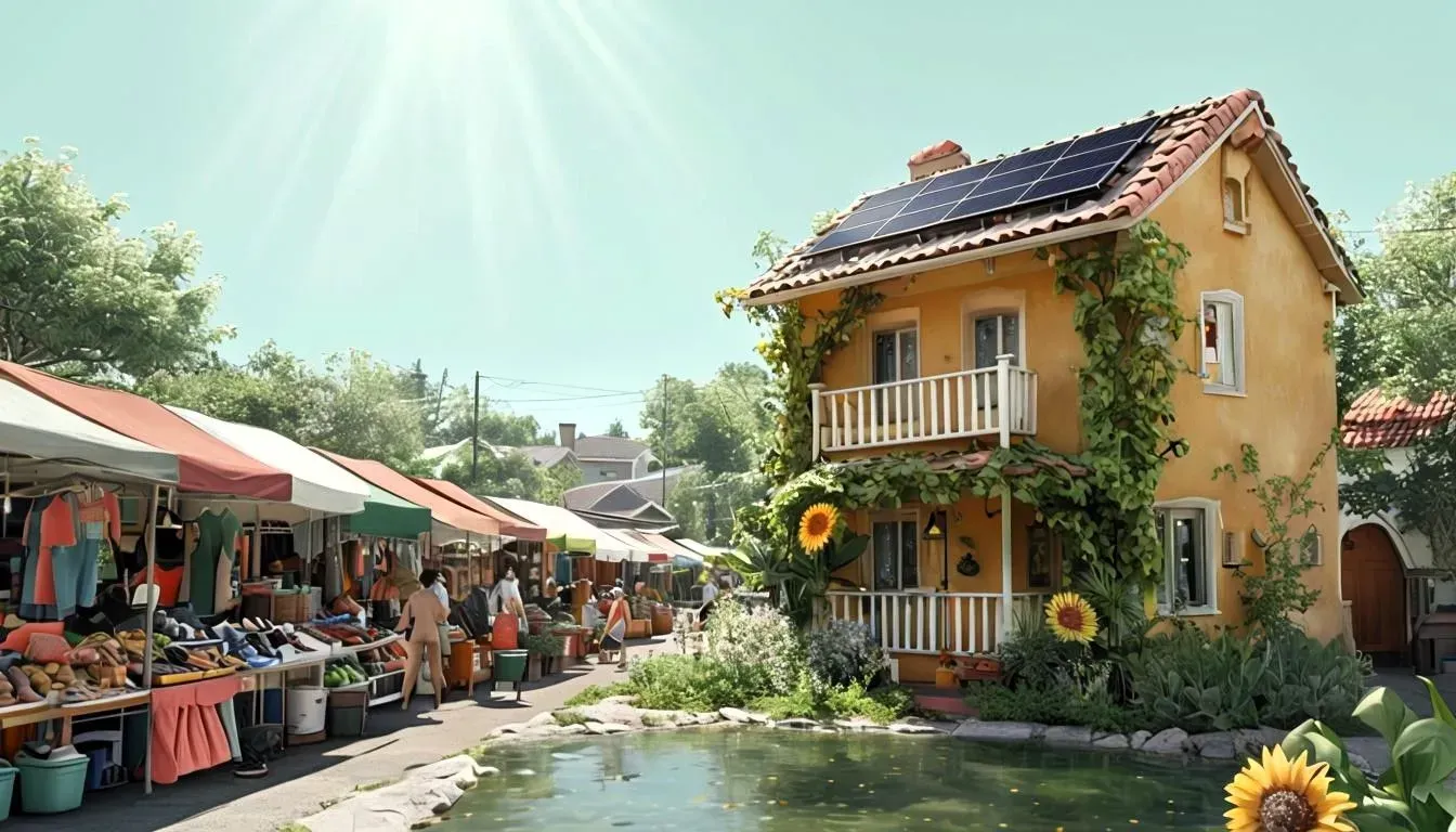 Ein kleines gelbes Haus mit roten Dachziegeln, umgeben von grünem Laub und Sonnenblumen, steht neben einem Markt mit bunten Ständen. Auf dem Dach des Hauses befinden sich Solarpaneele, die von der Sonne beleuchtet werden. Im Vordergrund ist ein kleiner Teich zu sehen, der die Szene idyllisch abrundet. 
A small yellow house with red roof tiles, surrounded by green foliage and sunflowers, stands next to a market with colourful stalls. There are solar panels on the roof of the house, which are illuminated by the sun. A small pond can be seen in the foreground, adding an idyllic finishing touch to the scene. 
Von GEOlaViva erstellt mit KI - Created by GEOlaViva with AI