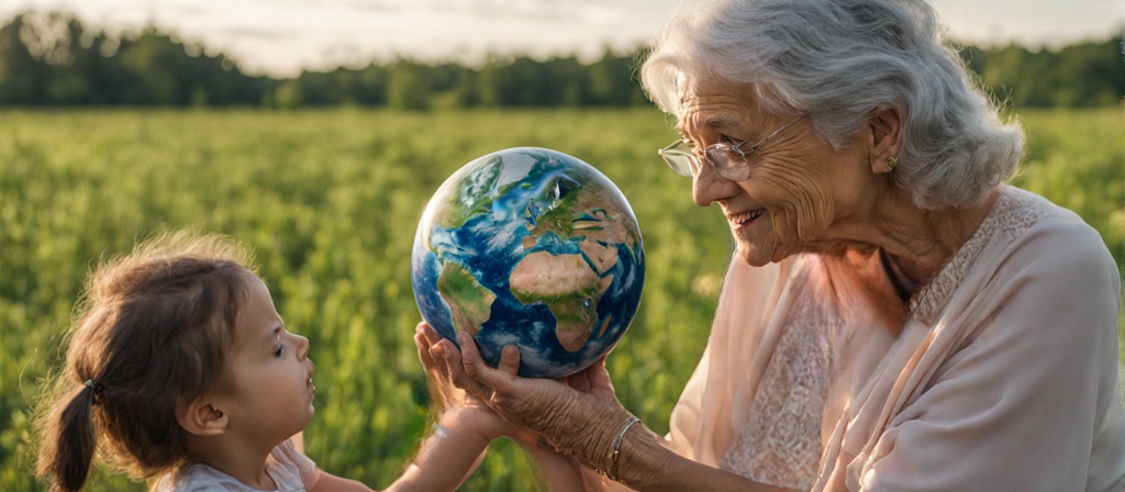 Created by GEOlaViva with AI - Von GEOlaViva erstellt mit KI Eine ältere Frau und ein kleines Mädchen inmitten eines grünen Feldes halten gemeinsam eine Erdkugel – Symbol für den generationenübergreifenden Schutz und die Weitergabe der Verantwortung für unseren Planeten.
An elderly woman and a little girl in the middle of a green field holding a globe together - symbolizing the intergenerational protection and sharing of responsibility for our planet.