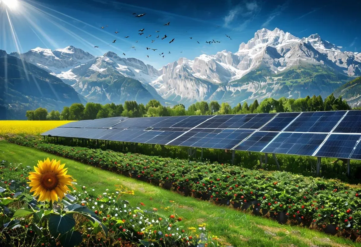 Eine idyllische Szene mit einem nachhaltig gestalteten Holzhaus, das mit Solarpaneelen bedeckt ist, umgeben von blühenden Blumen und Sonnenblumen. Im Vordergrund fahren zwei Personen mit Fahrrädern einen Weg entlang. Im Hintergrund sind ein malerischer Sandstrand, ein klarer See mit Segelbooten und bewaldete Berge zu sehen. Menschen sitzen an Tischen auf der Terrasse des Hauses, während ein Schild mit den Symbolen der SDGs (Sustainable Development Goals) darauf hinweist, dass Nachhaltigkeit und Umweltschutz im Fokus stehen.
An idyllic scene with a sustainably designed wooden house covered with solar panels, surrounded by blooming flowers and sunflowers. In the foreground, two people ride bicycles along a path. A picturesque sandy beach, a clear lake with sailing boats and wooded mountains can be seen in the background. People sit at tables on the terrace of the house, while a sign with the symbols of the SDGs (Sustainable Development Goals) indicates that the focus is on sustainability and environmental protection.
Von GEOlaViva erstellt mit KI - Created by GEOlaViva with AI