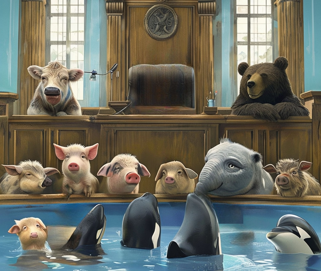Created by GEOlaViva with AI - Von GEOlaViva erstellt mit KI Eine symbolische Darstellung eines Gerichtssaals, in dem Tiere wie Kühe, Schweine, Bären und Wale die Rollen von Klägern und Anwesenden einnehmen. Die Tiere sitzen und stehen in respektvollen Positionen, während sie auf den Richterstuhl blicken. Das Bild verweist metaphorisch auf die Forderung nach Tierrechten und die Dringlichkeit, Gerechtigkeit und Mitgefühl für alle Lebewesen einzufordern.
A symbolic depiction of a courtroom in which animals such as cows, pigs, bears and whales take on the roles of plaintiffs and attendees. The animals sit and stand in respectful positions while looking towards the judge's bench. The image metaphorically refers to the demand for animal rights and the urgency of demanding justice and compassion for all living beings.
Von GEOlaViva erstellt mit KI - Created by GEOlaViva with AI