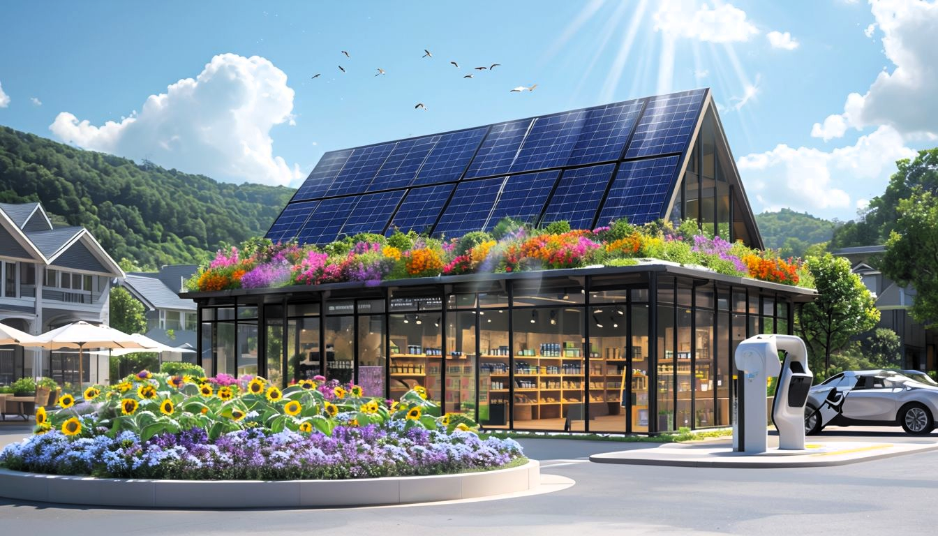Ein modernes Geschäft mit großen Glasfronten und einem Dach, das mit Solarzellen und bunten Blumen bepflanzt ist. Im Vordergrund blühen Sonnenblumen und andere Pflanzen in einem gepflegten Garten. Daneben befindet sich eine Ladestation für Elektroautos, während die Umgebung von grünen Hügeln und einer kleinen Siedlung umgeben ist – eine Darstellung von Nachhaltigkeit und erneuerbarer Energie in einer Kleinstadt
A modern store with large glass fronts and a roof planted with solar panels and colorful flowers. In the foreground, sunflowers and other plants bloom in a well-tended garden. Next to it is a charging station for electric cars, while the surrounding area is surrounded by green hills and a small settlement - a representation of sustainability and renewable energy in a small town
Von GEOlaViva erstellt mit KI - Created by GEOlaViva with AI
