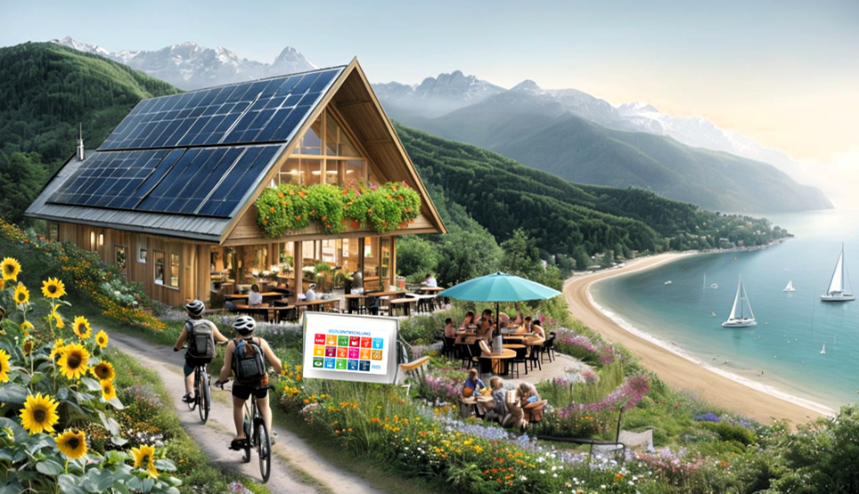 Eine idyllische Szene mit einem nachhaltig gestalteten Holzhaus, das mit Solarpaneelen bedeckt ist, umgeben von blühenden Blumen und Sonnenblumen. Im Vordergrund fahren zwei Personen mit Fahrrädern einen Weg entlang. Im Hintergrund sind ein malerischer Sandstrand, ein klarer See mit Segelbooten und bewaldete Berge zu sehen. Menschen sitzen an Tischen auf der Terrasse des Hauses, während ein Schild mit den Symbolen der SDGs (Sustainable Development Goals) darauf hinweist, dass Nachhaltigkeit und Umweltschutz im Fokus stehen.
An idyllic scene with a sustainably designed wooden house covered with solar panels, surrounded by blooming flowers and sunflowers. In the foreground, two people ride bicycles along a path. A picturesque sandy beach, a clear lake with sailing boats and wooded mountains can be seen in the background. People sit at tables on the terrace of the house, while a sign with the symbols of the SDGs (Sustainable Development Goals) indicates that the focus is on sustainability and environmental protection.
Von GEOlaViva erstellt mit KI - Created by GEOlaViva with AI