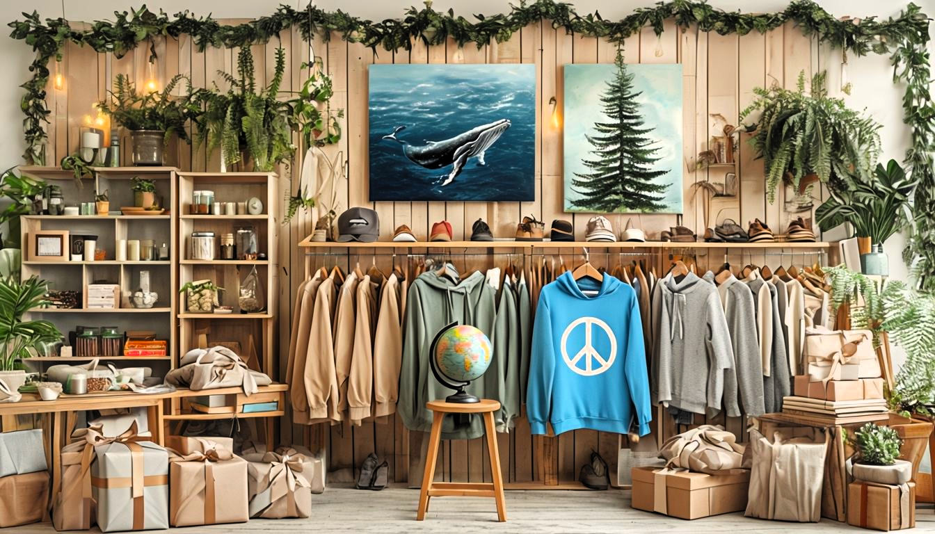 Created by GEOlaViva with AI - Von GEOlaViva erstellt mit KI Ein stilvoll eingerichteter nachhaltiger Concept Store mit hölzernen Regalen, Pflanzen und umweltfreundlichen Produkten. Zu sehen sind Kleidung wie einem blauen Pullover mit einem weißen Friedenszeichen drauf, Hoodies und Caps, Geschenke in recyceltem Papier, Dekorationsartikel sowie zwei Gemälde – ein Wal im Ozean und ein Baum. Im Zentrum steht ein Globus auf einem Hocker, umgeben von einer harmonischen Atmosphäre, die Umweltbewusstsein, Tierfreundlichkeit und Ästhetik verbindet.
A stylishly furnished sustainable concept store with wooden shelves, plants and environmentally friendly products. On display are clothes such as a blue sweater with a white peace sign on it, hoodies and caps, gifts in recycled paper, decorative items and two paintings - a whale in the ocean and a tree. In the center is a globe on a stool, surrounded by a harmonious atmosphere that combines environmental awareness, animal friendliness and aesthetics.
Created by GEOlaViva with AI - Von GEOlaViva erstellt mit KI