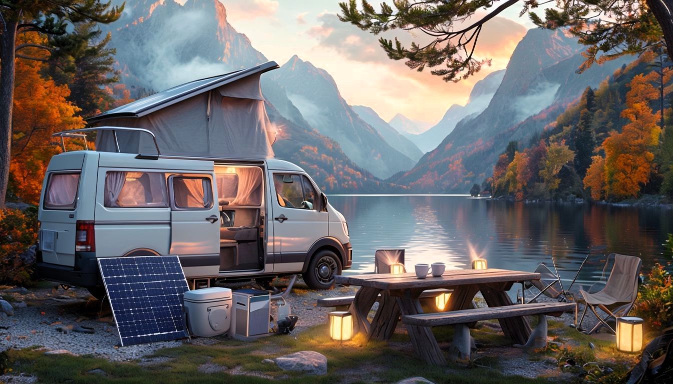 Von GEOlaViva erstellt mit KI - Created by GEOlaViva with AI Ein idyllischer Campingplatz an einem klaren Bergsee bei Sonnenuntergang. Ein Campingbus mit ausgefahrenem Dach steht inmitten herbstlicher Bäume. Daneben sind Solarpanele, ein tragbarer Kühlschrank und weitere Outdoor-Ausrüstung aufgebaut. Eine rustikale Sitzgruppe mit Laternen schafft eine gemütliche Atmosphäre. Im Hintergrund erheben sich beeindruckende Berge, die in warmem Licht leuchten und den nachhaltigen, naturverbundenen Reisestil unterstreichen.
An idyllic campsite by a clear mountain lake at sunset. A camper van with its roof extended stands amidst autumnal trees. Solar panels, a portable fridge and other outdoor equipment are set up next to it. A rustic seating area with lanterns creates a cosy atmosphere. Impressive mountains rise up in the background, glowing in warm light and emphasising the sustainable, nature-loving travel style.