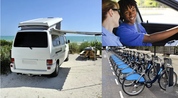 Created by GEOlaViva with AI - Von GEOlaViva erstellt mit KI Eine Collage, die verschiedene nachhaltige Mobilitätsoptionen zeigt: Links ein weißer Campervan an einem Strand mit geöffnetem Aufstelldach, in der Mitte unten eine Reihe von blauen Mietfahrrädern an einer Station, und oben rechts zwei Menschen in einem Auto, die Carsharing nutzen. Die Bilder symbolisieren vielseitige, umweltverträgliche Alternativen für Reisen und Fortbewegung.
A collage showing various sustainable mobility options: on the left, a white campervan on a beach with the pop-up roof open, in the bottom center, a row of blue rental bikes at a station, and on the top right, two people in a car using car sharing. The images symbolize versatile, environmentally friendly alternatives for travel and transportation.