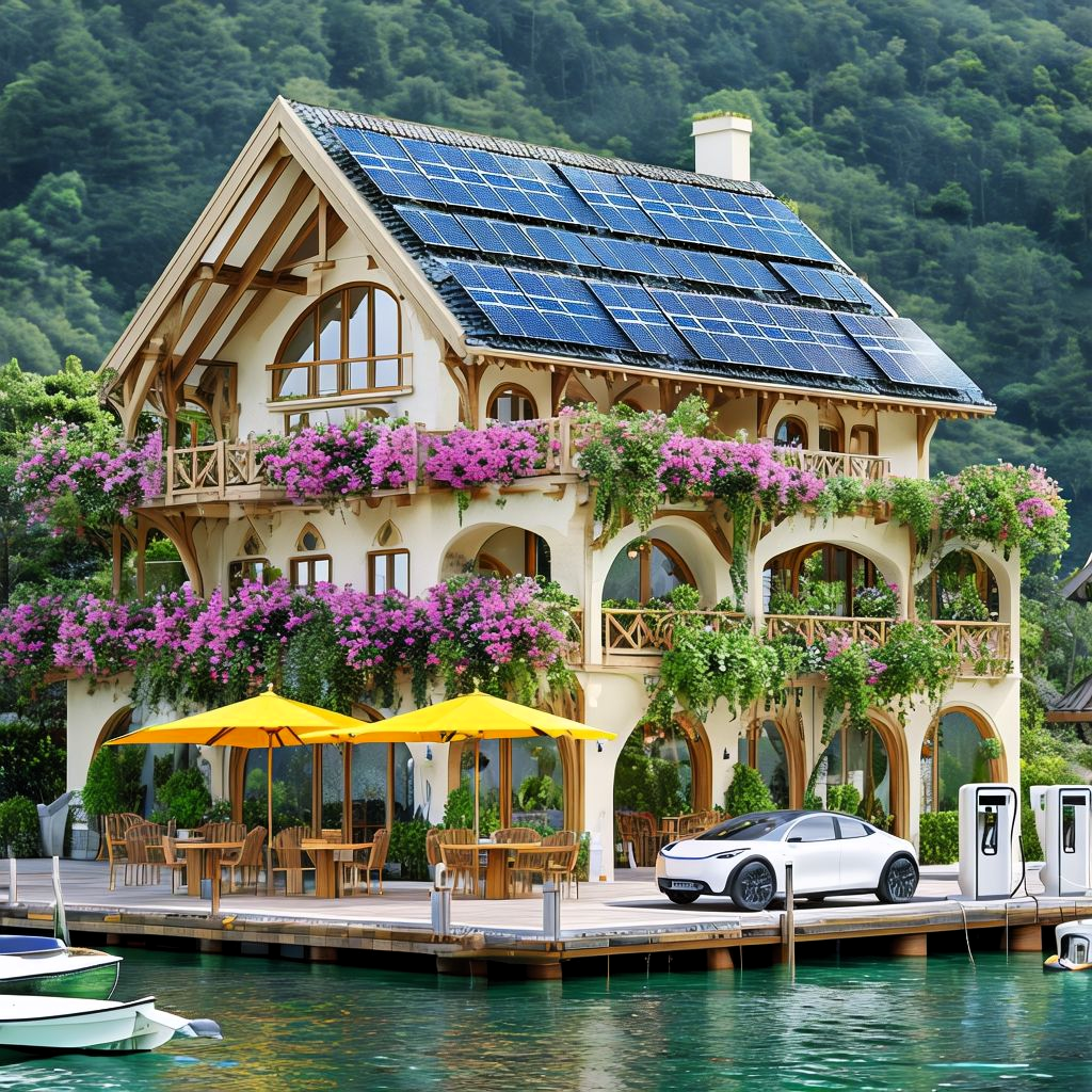 Von GEOlaViva erstellt mit KI - Created by GEOlaViva with AI Ein malerisches Gebäude mit Solarpanels auf dem Dach, das nachhaltigen Tourismus symbolisiert. Das Haus ist mit üppigen lila Blumen und grünen Pflanzen geschmückt. Im Vordergrund stehen gelbe Sonnenschirme und Sitzgelegenheiten auf einer Holzterrasse am Wasser. Daneben befindet sich eine Ladestation für Elektrofahrzeuge, an der ein modernes E-Auto geparkt ist. Der Hintergrund zeigt eine üppige, grüne Waldlandschaft.
A picturesque building with solar panels on the roof, symbolising sustainable tourism. The house is decorated with lush purple flowers and green plants. In the foreground are yellow parasols and seating on a wooden terrace by the water. Next to it is a charging station for electric vehicles, where a modern electric car is parked. The background shows a lush, green forest landscape.