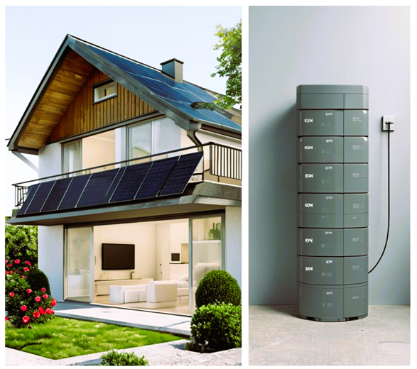 Von GEOlaViva erstellt mit KI - Created by GEOlaViva with AI Ein modernes Einfamilienhaus mit Solarpaneelen auf dem Dach und am Balkon, umgeben von einem gepflegten Garten mit blühenden Rosen und Büschen. Neben dem Haus steht eine graue, stapelbare Energiespeicherstation, die an das Stromnetz angeschlossen ist. Die Szene zeigt eine nachhaltige Lösung für erneuerbare Energien im privaten Bereich.
A modern detached house with solar panels on the roof and balcony, surrounded by a well-tended garden with blooming roses and bushes. Next to the house is a grey, stackable energy storage station that is connected to the power grid. The scene shows a sustainable solution for renewable energy in the private sector.