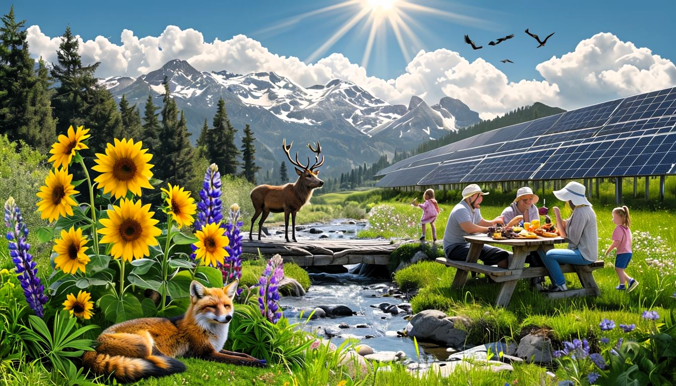 Eine friedliche Berglandschaft mit blühenden Sonnenblumen und Wildblumen im Vordergrund. Ein Fuchs ruht sich im Gras aus, während ein Hirsch neben einem klaren Bach steht. Im Hintergrund sitzt eine Familie an einem Holztisch und genießt ein Picknick, umgeben von Solarpaneelen, die nachhaltige Energie symbolisieren. Schneebedeckte Berge und ein strahlend blauer Himmel runden die Szene ab
A peaceful mountain landscape with blooming sunflowers and wildflowers in the foreground. A fox rests in the grass while a deer stands next to a clear stream. In the background, a family sits at a wooden table enjoying a picnic, surrounded by solar panels symbolizing sustainable energy. Snow-capped mountains and a bright blue sky complete the scene
Von GEOlaViva erstellt mit KI - Created by GEOlaViva with AI