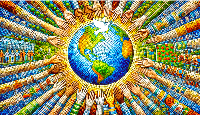 Created by GEOlaViva with AI - Von GEOlaViva erstellt mit KI Buntes Mosaik, das eine Vielzahl ausgestreckter Hände aus verschiedenen Kulturen darstellt, die auf einen strahlenden Globus in der Mitte zulaufen. Über der Erde schwebt eine weiße Friedenstaube. Im Hintergrund sind Symbole für Natur, Gemeinschaft und Nachhaltigkeit zu sehen, die eine lebendige und gerechte Zukunft symbolisieren.
Colourful mosaic depicting a multitude of outstretched hands from different cultures running towards a radiant globe in the centre. A white dove of peace hovers above the earth. Symbols of nature, community and sustainability can be seen in the background, symbolising a vibrant and just future.
Created by GEOlaViva with AI - Von GEOlaViva erstellt mit KI