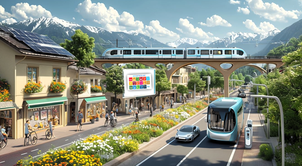 Von GEOlaViva erstellt mit KI - Created by GEOlaViva with AI Eine nachhaltige Stadtlandschaft mit Alpenpanorama im Hintergrund. Eine moderne Bahn fährt über eine elegante Brücke, während Elektrobusse und -autos emissionsfrei auf einer begrünten Straße unterwegs sind. Fußgänger und Radfahrer beleben die Szene, und Gebäude mit Solarpanelen und Blumen an den Fassaden zeigen umweltfreundliches Design. Ein Plakat mit den Zielen für nachhaltige Entwicklung (SDGs) hebt den Fokus auf zukunftsorientierte Mobilität und Lebensqualität hervor.
A sustainable urban landscape with a panoramic view of the Alps in the background. A modern railway runs over an elegant bridge, while electric buses and cars travel emission-free on a green road. Pedestrians and cyclists enliven the scene, and buildings with solar panels and flowers on their façades showcase environmentally friendly design. A poster with the Sustainable Development Goals (SDGs) emphasises the focus on future-oriented mobility and quality of life.