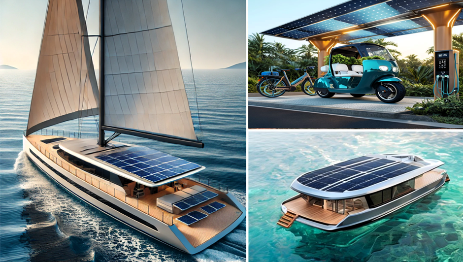 Von GEOlaViva erstellt mit KI - Created by GEOlaViva with AI Ein malerisches Gebäude mit Solarpanels auf dem Dach, das nachhaltigen Tourismus symbolisiert. Das Haus ist mit üppigen lila Blumen und grünen Pflanzen geschmückt. Im Vordergrund stehen gelbe Sonnenschirme und Sitzgelegenheiten auf einer Holzterrasse am Wasser. Daneben befindet sich eine Ladestation für Elektrofahrzeuge, an der ein modernes E-Auto geparkt ist. Der Hintergrund zeigt eine üppige, grüne Waldlandschaft.
A picturesque building with solar panels on the roof, symbolising sustainable tourism. The house is decorated with lush purple flowers and green plants. In the foreground are yellow parasols and seating on a wooden terrace by the water. Next to it is a charging station for electric vehicles, where a modern electric car is parked. The background shows a lush, green forest landscape.