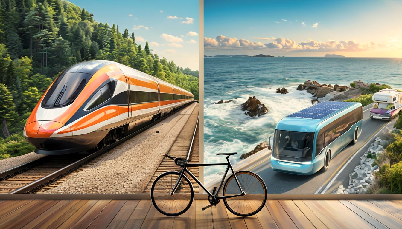 Von GEOlaViva erstellt mit KI - Created by GEOlaViva with AI Eine moderne Illustration nachhaltiger Mobilität: Links ein Hochgeschwindigkeitszug, der durch eine grüne Waldlandschaft fährt, und rechts ein solarbetriebener Reisebus, der entlang einer malerischen Küstenstraße fährt. Im Vordergrund steht ein stilvolles Fahrrad auf einem Holzboden, das die Verbindung von umweltfreundlichem Individualverkehr und zukunftsfähigen, bodengebundenen Verkehrsmitteln symbolisiert.
A modern illustration of sustainable mobility: on the left, a high-speed train travelling through a green forest landscape, and on the right, a solar-powered coach travelling along a picturesque coastal road. In the foreground is a stylish bicycle on a wooden floor, symbolising the connection between environmentally friendly private transport and sustainable, ground-based means of transport.