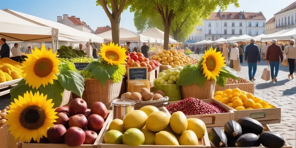 Eine leuchtend gelbe Sonnenblume vor einer Reihe moderner Solarpanels, mit strahlendem Sonnenschein im Hintergrund. Symbol für erneuerbare Energien und umweltfreundliche Technologien.
A bright yellow sunflower in front of a row of modern solar panels, with radiant sunshine in the background. A symbol for renewable energies and environmentally friendly technologies.