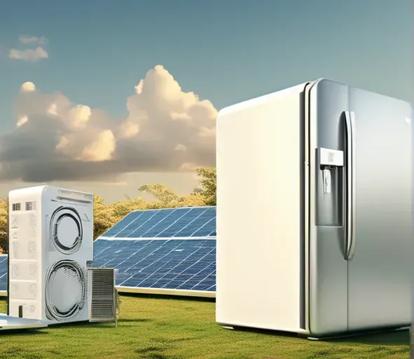 Eine Szene mit modernen Haushaltsgeräten, darunter ein Kühlschrank, eine Waschmaschine und ein Klimagerät, auf einer Wiese vor Solarpaneelen – Darstellung der Verbindung von erneuerbarer Energie und energieeffizienten Technologien.
A scene with modern household appliances, including a refrigerator, a washing machine and an air conditioner, on a meadow in front of solar panels - illustrating the combination of renewable energy and energy-efficient technologies.
Von GEOlaViva erstellt mit KI - Created by GEOlaViva with AI