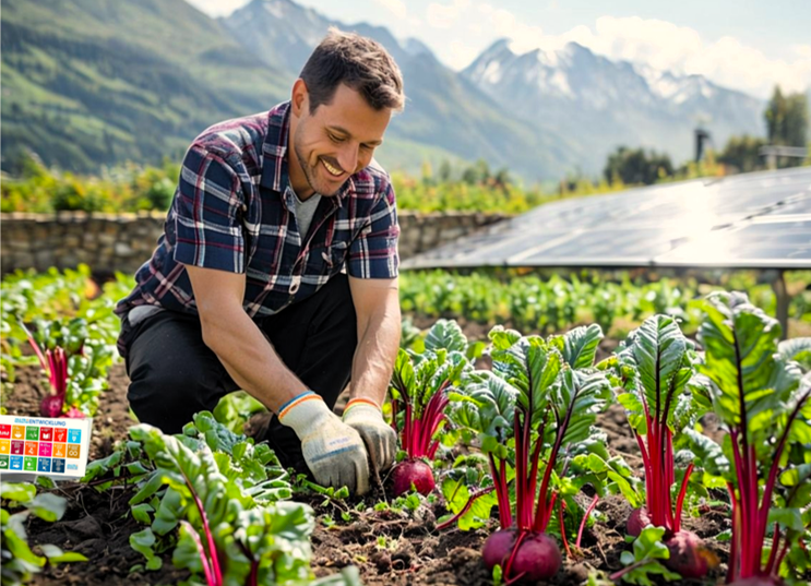 Ein Mann in kariertem Hemd und Handschuhen arbeitet auf einem Gemüsefeld. Er erntet frische Rüben inmitten von grünen Pflanzen, umgeben von Bergen und Solarpanelen im Hintergrund. Die SDGs sind links im Bild zu sehen.
A man in a chequered shirt and gloves is working in a vegetable field. He is harvesting fresh turnips amidst green plants, surrounded by mountains and solar panels in the background. The SDGs can be seen on the left of the picture.
Von GEOlaViva erstellt mit KI - Created by GEOlaViva with AI
